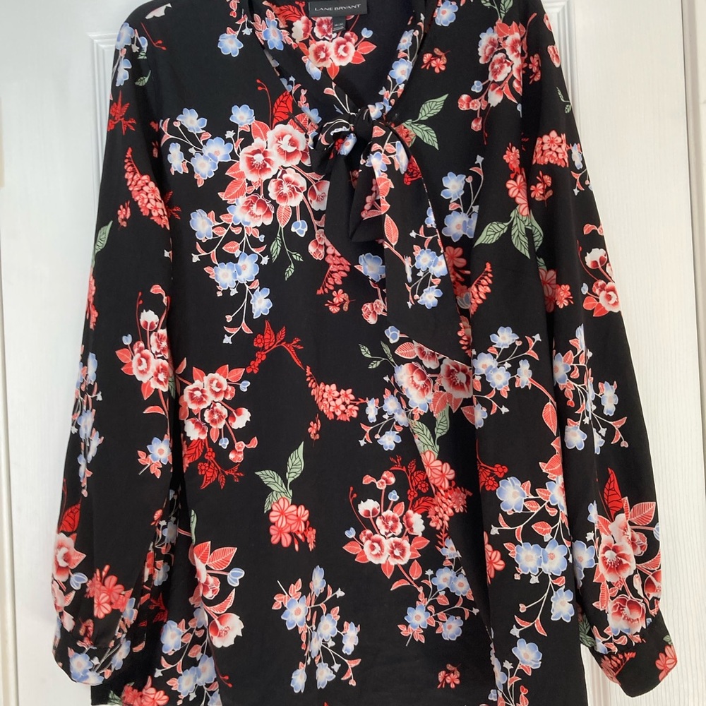 Floral Black Blouse with Bow Tie